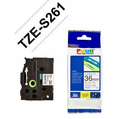 Brother P-Touch TZe-S261 36mm Beyaz üzerine Siyah Güçlü Yapışkanlı Laminasyonlu Etiket (TZe Tape)