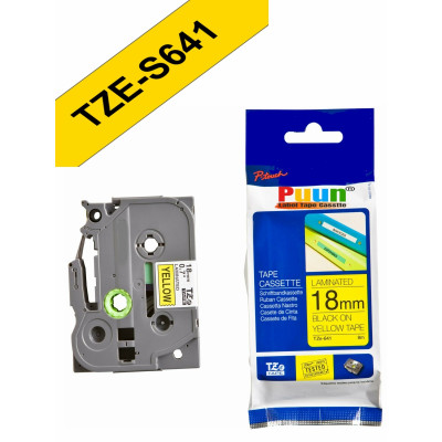 Puun Brother P-Touch TZE-S641 18mm X 8m Sarı Üzerine Siyah Güçlü Yapışkanlı Muadil Laminasyon Etiket Şeridi