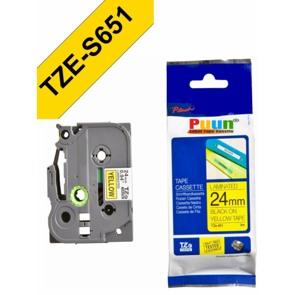 Brother P-Touch TZe-S651 24mm Sarı üzerine Siyah Güçlü Yapışkanlı Laminasyonlu İthal Muadil Etiket (TZe Tape)